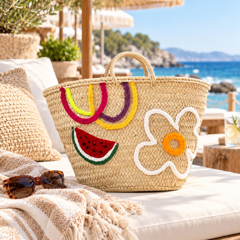Moroccan Straw Basket, Handwoven Summer Tote, Watermelon Flower Market Bag, Palm Leaf Beach Basket