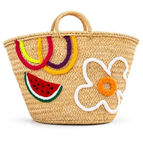 Moroccan Straw Basket, Handwoven Summer Tote, Watermelon Flower Market Bag, Palm Leaf Beach Basket