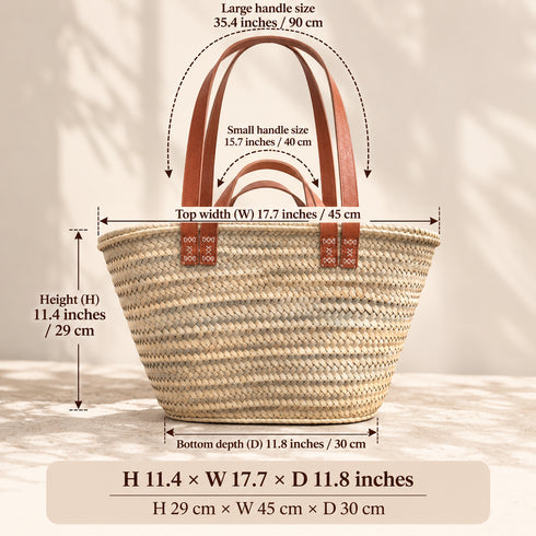 Moroccan Straw Market Basket, Handwoven Palm Leaf Tote, Leather Handle Beach Bag