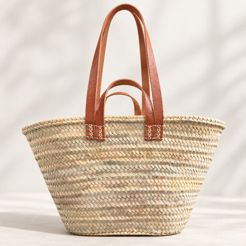 Moroccan Straw Market Basket, Handwoven Palm Leaf Tote, Leather Handle Beach Bag