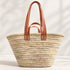 Moroccan Straw Market Basket, Handwoven Palm Leaf Tote, Leather Handle Beach Bag