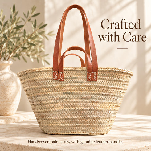 Moroccan Straw Market Basket, Handwoven Palm Leaf Tote, Leather Handle Beach Bag