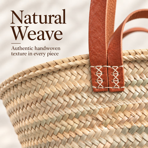 Moroccan Straw Market Basket, Handwoven Palm Leaf Tote, Leather Handle Beach Bag
