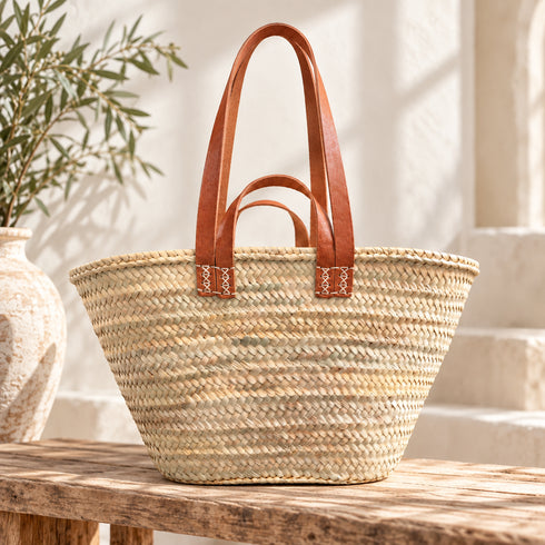 Moroccan Straw Market Basket, Handwoven Palm Leaf Tote, Leather Handle Beach Bag