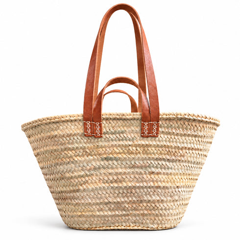 Moroccan Straw Market Basket, Handwoven Palm Leaf Tote, Leather Handle Beach Bag