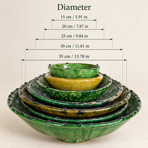 Tamegroute Bowls, Handmade Green and Yellow Ceramic Bowls, Rustic Pottery, Boho Mediterranean Home Decor