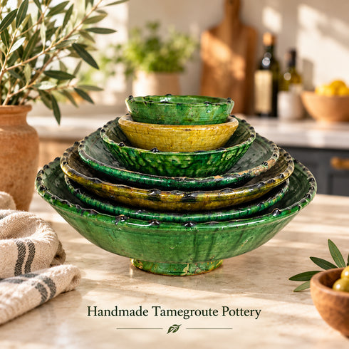 Tamegroute Bowls, Handmade Green and Yellow Ceramic Bowls, Rustic Pottery, Boho Mediterranean Home Decor