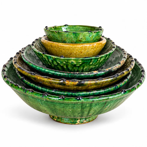Tamegroute Bowls, Handmade Green and Yellow Ceramic Bowls, Rustic Pottery, Boho Mediterranean Home Decor
