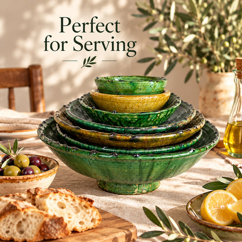 Tamegroute Bowls, Handmade Green and Yellow Ceramic Bowls, Rustic Pottery, Boho Mediterranean Home Decor