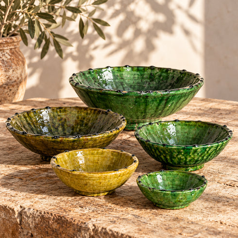 Tamegroute Bowls, Handmade Green and Yellow Ceramic Bowls, Rustic Pottery, Boho Mediterranean Home Decor