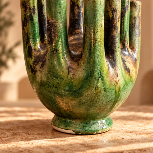 Moroccan Tamegroute Candelabra, Handmade Green Ceramic Candle Holder, 8 Arm Candlestick, Boho Home Decor