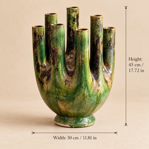 Moroccan Tamegroute Candelabra, Handmade Green Ceramic Candle Holder, 8 Arm Candlestick, Boho Home Decor