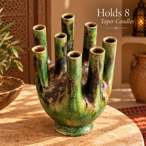Moroccan Tamegroute Candelabra, Handmade Green Ceramic Candle Holder, 8 Arm Candlestick, Boho Home Decor