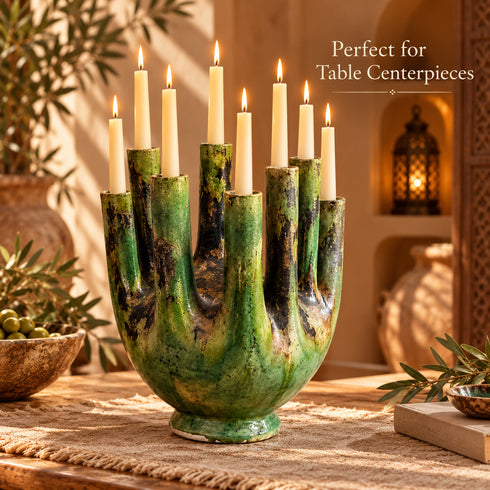 Moroccan Tamegroute Candelabra, Handmade Green Ceramic Candle Holder, 8 Arm Candlestick, Boho Home Decor
