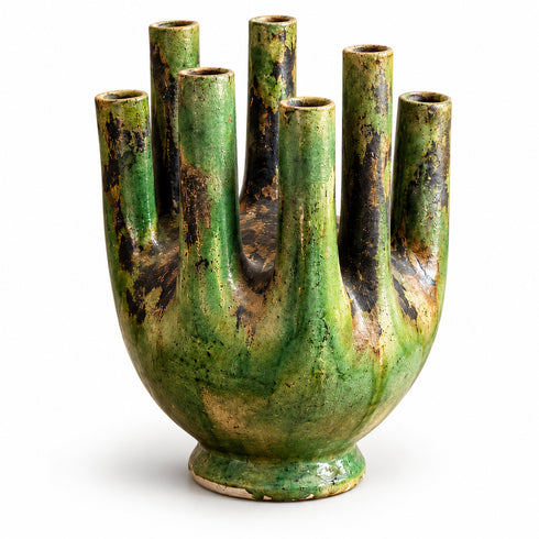 Moroccan Tamegroute Candelabra, Handmade Green Ceramic Candle Holder, 8 Arm Candlestick, Boho Home Decor