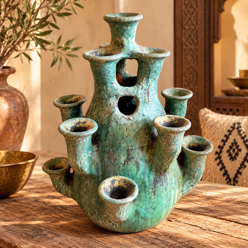 Tamegroute Candelabra, Handmade Green Ceramic Candle Holder, Multi Arm Candlestick, Boho Home Decor