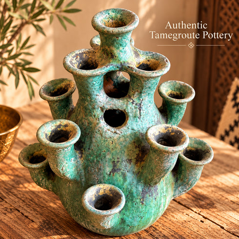 Tamegroute Candelabra, Handmade Green Ceramic Candle Holder, Multi Arm Candlestick, Boho Home Decor