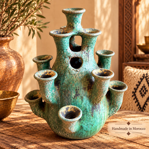 Tamegroute Candelabra, Handmade Green Ceramic Candle Holder, Multi Arm Candlestick, Boho Home Decor