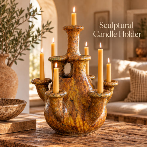 Tamegroute Candelabra, Handmade Yellow Ceramic Candle Holder, Multi Arm Candlestick, Rustic Boho Decor