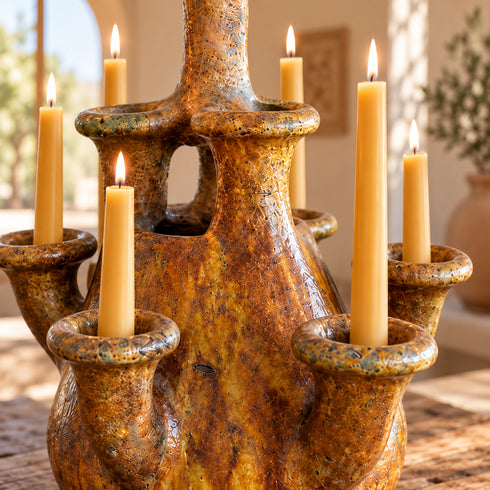 Tamegroute Candelabra, Handmade Yellow Ceramic Candle Holder, Multi Arm Candlestick, Rustic Boho Decor