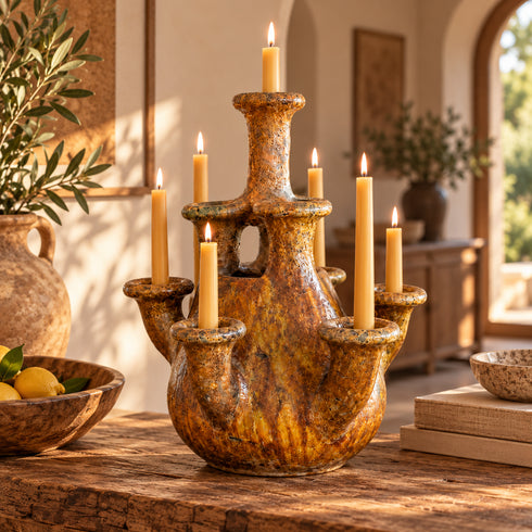 Tamegroute Candelabra, Handmade Yellow Ceramic Candle Holder, Multi Arm Candlestick, Rustic Boho Decor