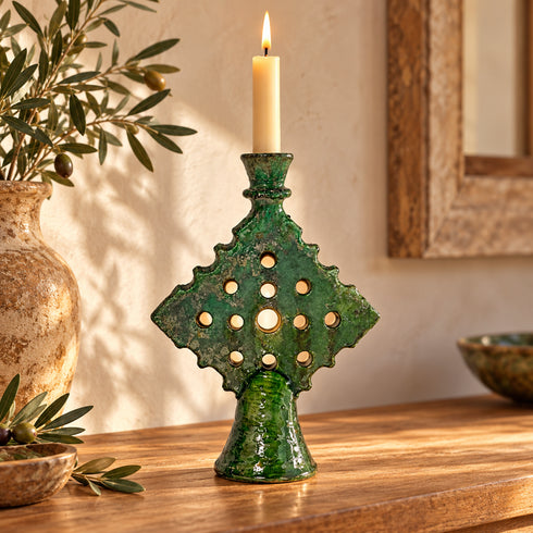 Moroccan Tamegroute Candle Holder, Green Ceramic Candlestick, Handmade Pottery, Rustic Boho Home Decor