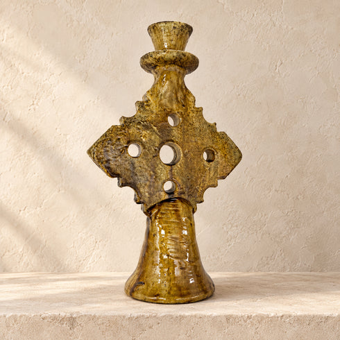 Moroccan Tamegroute Candle Holder, Green Ceramic Candlestick, Handmade Pottery, Rustic Boho Home Decor