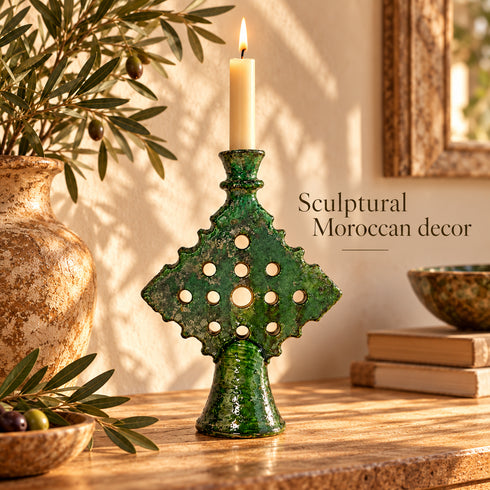 Moroccan Tamegroute Candle Holder, Green Ceramic Candlestick, Handmade Pottery, Rustic Boho Home Decor