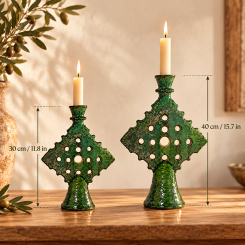 Moroccan Tamegroute Candle Holder, Green Ceramic Candlestick, Handmade Pottery, Rustic Boho Home Decor