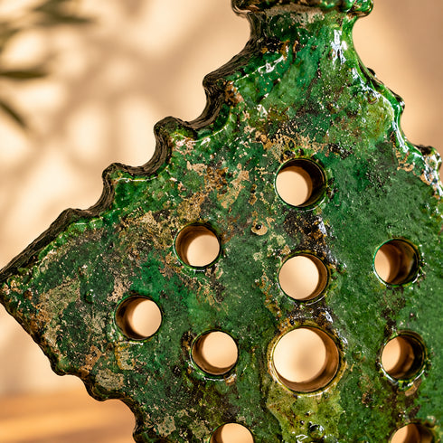 Moroccan Tamegroute Candle Holder, Green Ceramic Candlestick, Handmade Pottery, Rustic Boho Home Decor