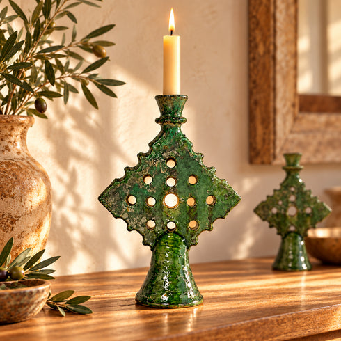 Moroccan Tamegroute Candle Holder, Green Ceramic Candlestick, Handmade Pottery, Rustic Boho Home Decor