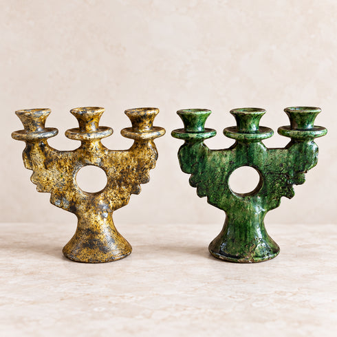Moroccan Tamegroute Candle Holder, Handmade Ceramic 3 Arm Candelabra, Green Yellow Pottery, Boho Home Decor