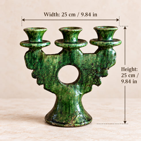 Moroccan Tamegroute Candle Holder, Handmade Ceramic 3 Arm Candelabra, Green Yellow Pottery, Boho Home Decor