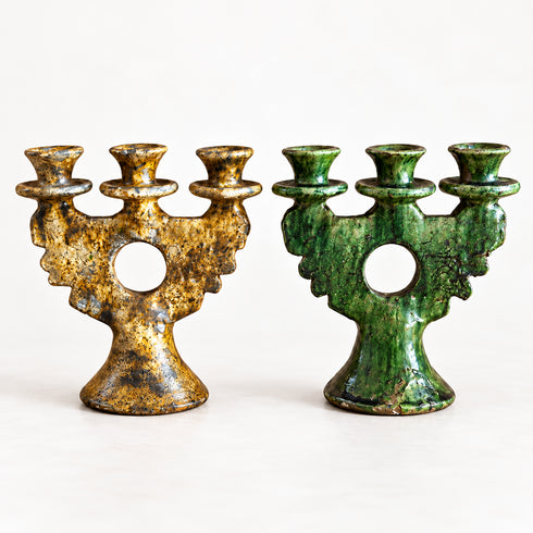 Moroccan Tamegroute Candle Holder, Handmade Ceramic 3 Arm Candelabra, Green Yellow Pottery, Boho Home Decor