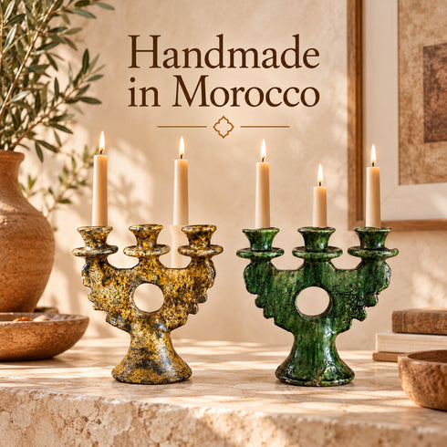 Moroccan Tamegroute Candle Holder, Handmade Ceramic 3 Arm Candelabra, Green Yellow Pottery, Boho Home Decor