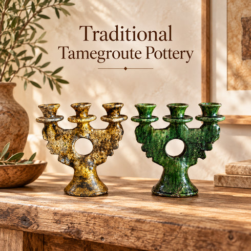 Moroccan Tamegroute Candle Holder, Handmade Ceramic 3 Arm Candelabra, Green Yellow Pottery, Boho Home Decor