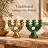 Moroccan Tamegroute Candle Holder, Handmade Ceramic 3 Arm Candelabra, Green Yellow Pottery, Boho Home Decor