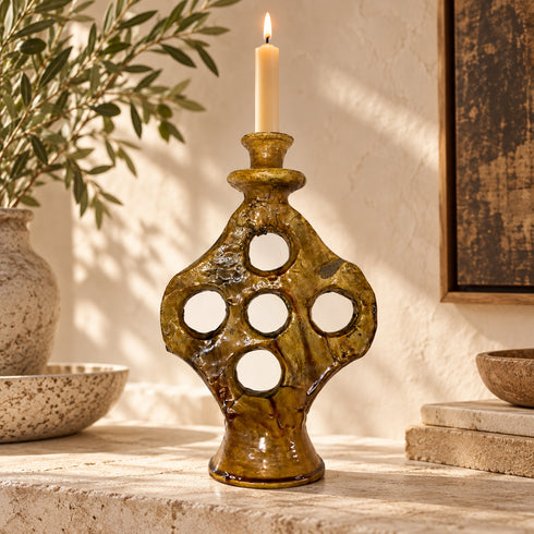 Moroccan Tamegroute Candle Holder, Handmade Ceramic Candlestick, Sculptural Yellow Pottery, Boho Home Decor