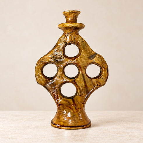 Moroccan Tamegroute Candle Holder, Handmade Ceramic Candlestick, Sculptural Yellow Pottery, Boho Home Decor