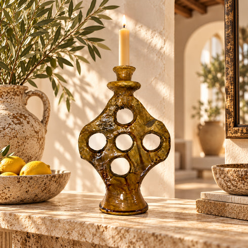 Moroccan Tamegroute Candle Holder, Handmade Ceramic Candlestick, Sculptural Yellow Pottery, Boho Home Decor
