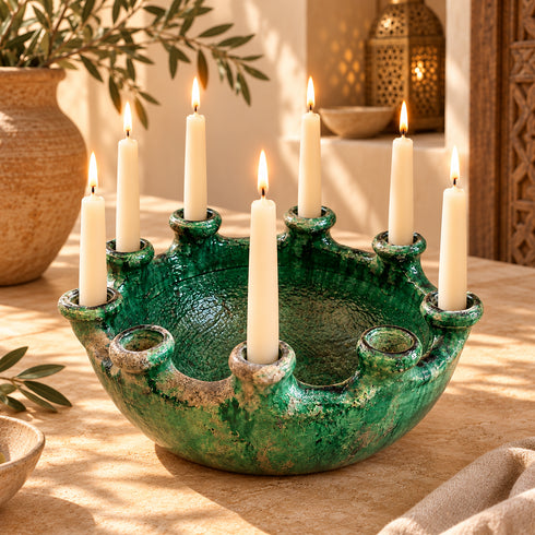 Moroccan Tamegroute Candle Holder, Handmade Green Ceramic Candelabra Bowl, Multi Candle Holder, Boho Home Decor
