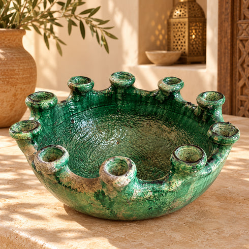 Moroccan Tamegroute Candle Holder, Handmade Green Ceramic Candelabra Bowl, Multi Candle Holder, Boho Home Decor