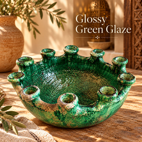 Moroccan Tamegroute Candle Holder, Handmade Green Ceramic Candelabra Bowl, Multi Candle Holder, Boho Home Decor