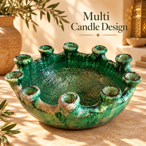 Moroccan Tamegroute Candle Holder, Handmade Green Ceramic Candelabra Bowl, Multi Candle Holder, Boho Home Decor