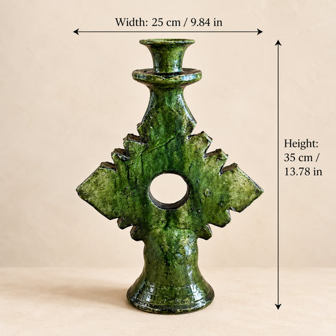 Moroccan Tamegroute Candle Holder, Handmade Green Ceramic Candlestick, Sculptural Berber Pottery, Boho Home Decor