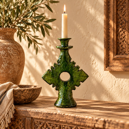 Moroccan Tamegroute Candle Holder, Handmade Green Ceramic Candlestick, Sculptural Berber Pottery, Boho Home Decor
