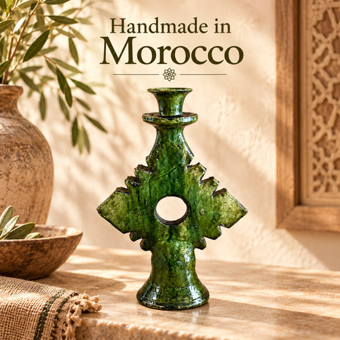 Moroccan Tamegroute Candle Holder, Handmade Green Ceramic Candlestick, Sculptural Berber Pottery, Boho Home Decor