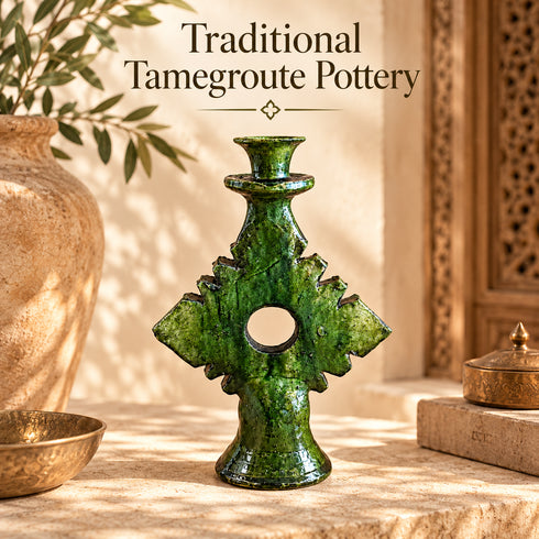 Moroccan Tamegroute Candle Holder, Handmade Green Ceramic Candlestick, Sculptural Berber Pottery, Boho Home Decor