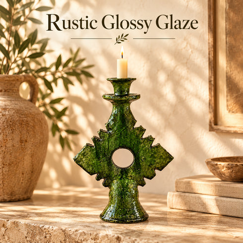 Moroccan Tamegroute Candle Holder, Handmade Green Ceramic Candlestick, Sculptural Berber Pottery, Boho Home Decor