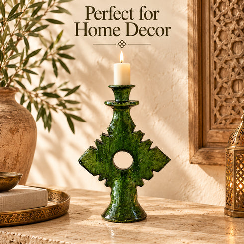 Moroccan Tamegroute Candle Holder, Handmade Green Ceramic Candlestick, Sculptural Berber Pottery, Boho Home Decor